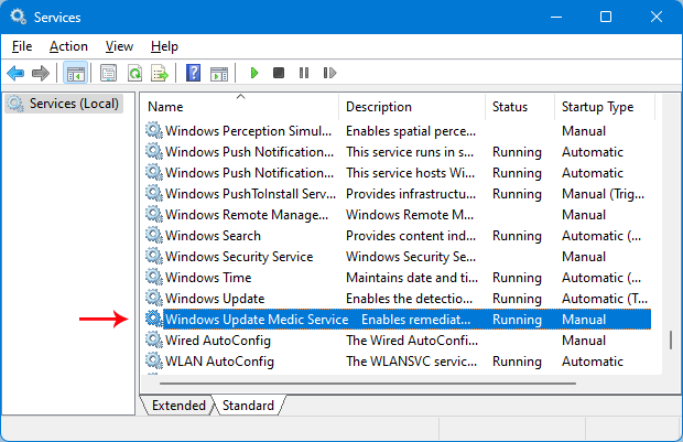 Locating a service in the Services console